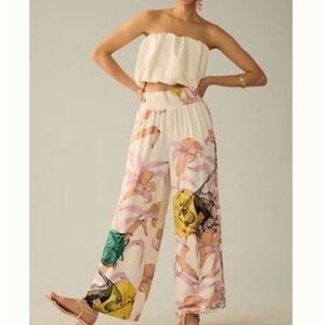 Floral Print Wide Leg Pants- Cream and Multicolor